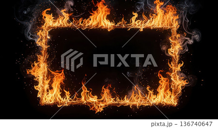 Fiery frame of flames and smoke creating a dramatic border on a black background for creative design and visual effects Fiery frame of flames and smoke creating a dramatic border on a black background for creative design and visual effects 136740647