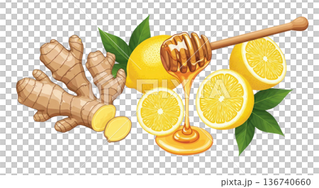 Ginger root, lemon slices, honey dipper, and honey on transparent background for culinary and health illustrations 136740660