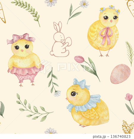 Watercolor seamless pattern with cute chicken, eggs, tulips, herbs. Happy Easter and Spring pattern 136740823