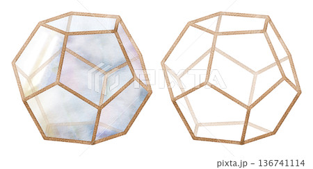 Geometric glass planter, metal wiremesh frame in gold, brass or copper, dodecahedron shape. Isolated illustration hand drawn in watercolor. Modern interior decor, eco branding, plant shop marketing. Geometric glass planter, metal wiremesh frame in gold, brass or copper, dodecahedron shape. Isolated illustration hand drawn in watercolor. Modern interior decor, eco branding, plant shop marketing. 136741114