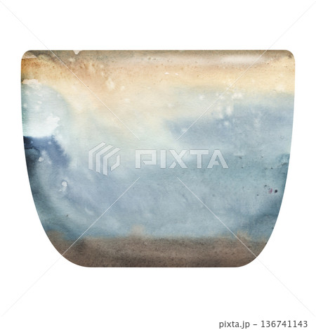 Decorative glazed ceramic planter with soft reflections, texture and minimal form, seashore tones. Isolated illustration hand drawn in watercolor. Botanical decor, modern interiors, florist marketing 136741143