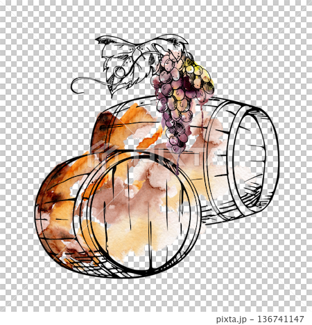 Rustic wooden wine barrels, hanging grape clusters, distillery cellar storage. Isolated illustration hand drawn in watercolor and ink for winery promotion, tavern or restaurant menu, tourism materials Rustic wooden wine barrels, hanging grape clusters, distillery cellar storage. Isolated illustration hand drawn in watercolor and ink for winery promotion, tavern or restaurant menu, tourism materials 136741147