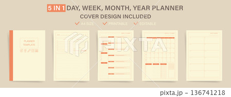 Minimal Beige Planner Template Set with Cover, Daily Weekly Monthly Yearly Pages, Clean Neutral A4 Printable Editable Vector Planner Layout Minimal Beige Planner Template Set with Cover, Daily Weekly Monthly Yearly Pages, Clean Neutral A4 Printable Editable Vector Planner Layout 136741218