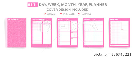 Stylish 5 in 1 Planner Template Set. Daily, Weekly, Monthly, Yearly Planner with Cover Design Included. Vector illustration. Stylish 5 in 1 Planner Template Set. Daily, Weekly, Monthly, Yearly Planner with Cover Design Included. Vector illustration. 136741221