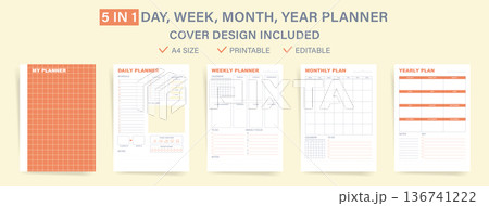 Modern Planner Template Set. Daily, Weekly, Monthly, Yearly Planner with Cover Design Included. Vector illustration. Modern Planner Template Set. Daily, Weekly, Monthly, Yearly Planner with Cover Design Included. Vector illustration. 136741222