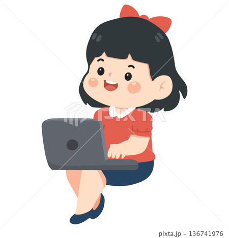 Young Girl Typing On Laptop Device Young Girl Typing On Laptop Device 136741976