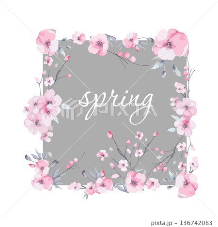 Frame with sakura flowers. It's spring time. Beautiful cherry blossom flower vector illustration. Hand drawn. Not AI, Frame with sakura flowers. It's spring time. Beautiful cherry blossom flower vector illustration. Hand drawn. Not AI, 136742083