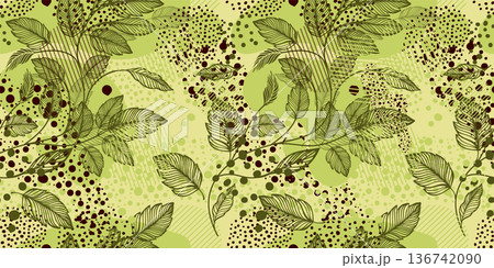 Leaf brown and green Seamless pattern Background. Leaves Pattern for fabric . leaf Wallpaper Hand drawn. Not AI, vector illustration 136742090