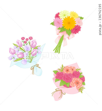 カラフルなブーケ 花のイラストセット カラフルなブーケ 花のイラストセット 136742195