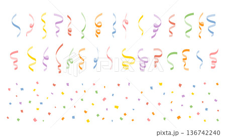 カラフルな紙吹雪とくるくるリボンのベクター素材セット 136742240