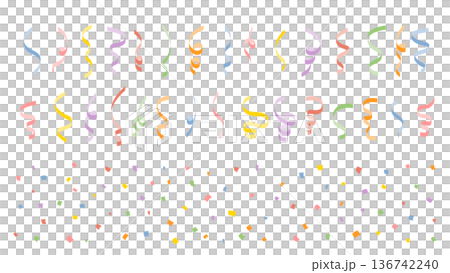 カラフルな紙吹雪とくるくるリボンのベクター素材セット 136742240