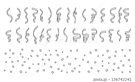 モノクロの紙吹雪とくるくるリボンのベクター素材セット 136742241
