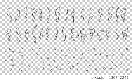 モノクロの紙吹雪とくるくるリボンのベクター素材セット 136742241