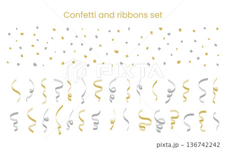 ゴールドとシルバーの紙吹雪とくるくるリボンのベクター素材セット 136742242