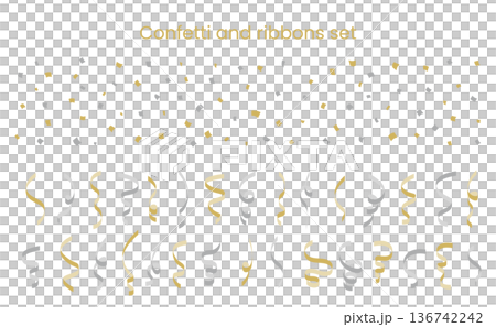 Gold and silver confetti and twirling ribbon vector set 136742242