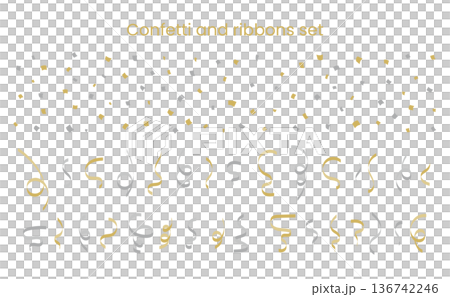 ゴールドとシルバー　誕生日・イベントに使える紙吹雪とスパイラルリボンのイラストセット 136742246