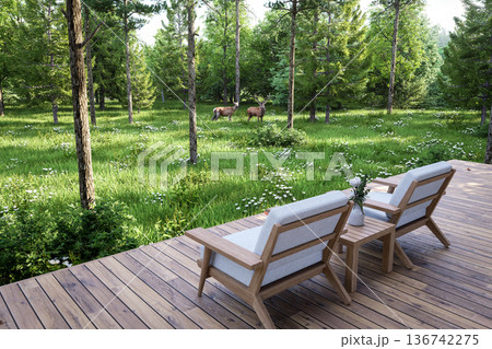 Luxury wooden terrace with lounge chairs overlooking a lush green forest 3d render 136742275