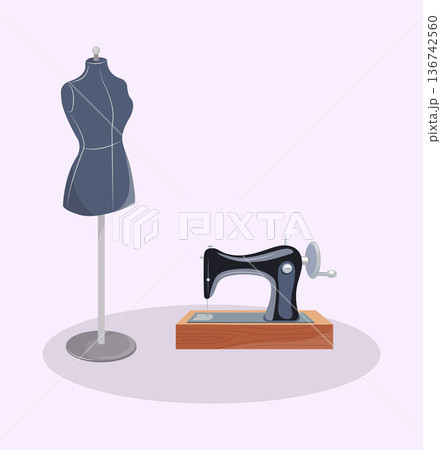 Sewing Machine and Dress Form Illustration Tailoring Concept Sewing Machine and Dress Form Illustration Tailoring Concept 136742560
