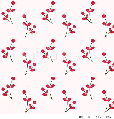 Seamless Red Berry Floral Pattern with Green Leaves 136742563