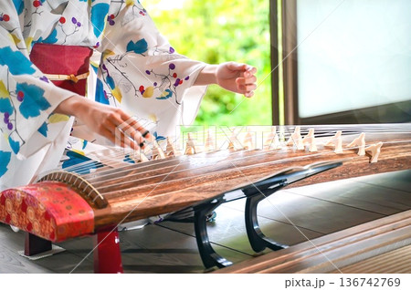 浴衣で箏を演奏する女性 136742769
