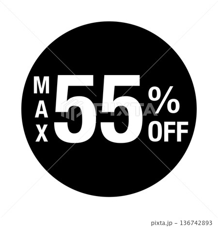 ”MAX55%OFF” の文字入りマーク　円形　白文字　背景透過　モノクロ 136742893