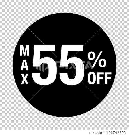”MAX55%OFF” の文字入りマーク　円形　白文字　背景透過　モノクロ 136742893