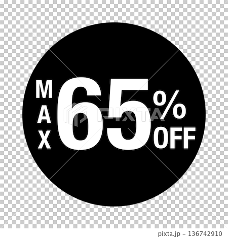 "MAX 65% OFF" logo, circular, white text, transparent background, monochrome "MAX 65% OFF" logo, circular, white text, transparent background, monochrome 136742910