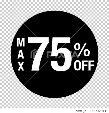 「最高75%折扣」標誌，圓形，白色文字，透明背景，單色 136742911
