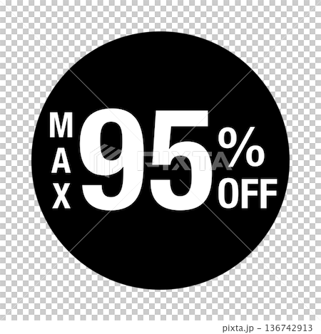 "MAX 95% OFF" logo, circular, white text, transparent background, monochrome "MAX 95% OFF" logo, circular, white text, transparent background, monochrome 136742913