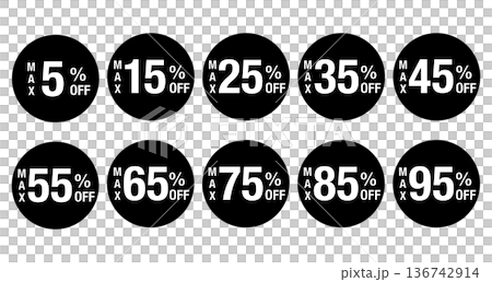 一組logo，文字折扣範圍從最高5%到最高95%。圓形，白色文字，透明背景，單色。 136742914