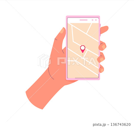 Hand holding smartphone with a location red pin on the map. GPS navigation concept Hand holding smartphone with a location red pin on the map. GPS navigation concept 136743620