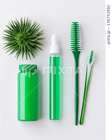 A collection of green personal care items including toothbrushes, bottles, and a succulent plant, arranged on a white background to showcase sustainable living 136743992