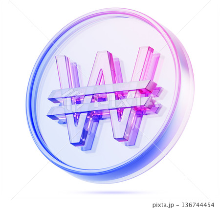 3d glass holographic Korean won coin icon render. KRW currency symbol, Asian money with blue purple neon gradient. Rainbow crystal cash, financial design element for exchange market. 3D illustration 136744454