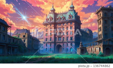 ゲーム背景夕焼け空があるシュールな廃墟遺跡の宮殿 136744862