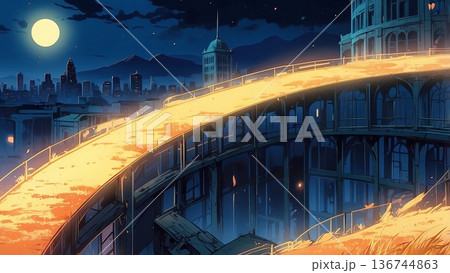 ゲーム背景　満月の夜の街と月光に照らされる空中回廊 136744863