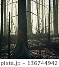 smoldering tree trunk dotted with glowing embers and scarred bark, closeup reveals hotspots, soot and residue, ominous atmosphere as arson investigator 136744942