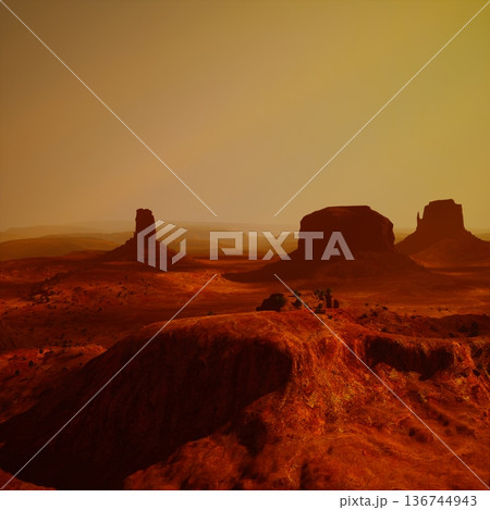 Golden hour mesas invite rugged exploration across sandstone ridges, panoramic viewpoint overlooking valley and distant buttes, dust particles glowing in warm 136744943