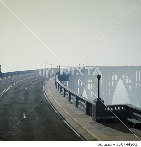 Solitary bridge curve with lamp posts and heavy air, worn pavement and balustrade creating nostalgic urban stillness, perfect for themes of isolation, 136744952