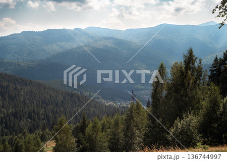 Mountain Forest Valley with Hills and Dramatic Cloudy Sky Mountain Forest Valley with Hills and Dramatic Cloudy Sky 136744997