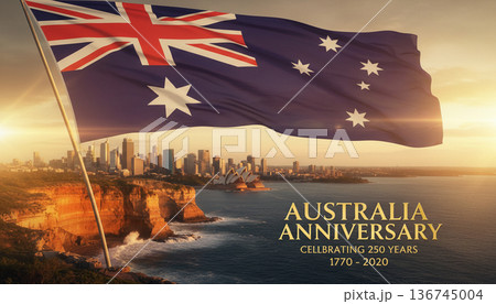 Australia Anniversary Poster with National Flag and Coastal Sunset Cityscape 136745004