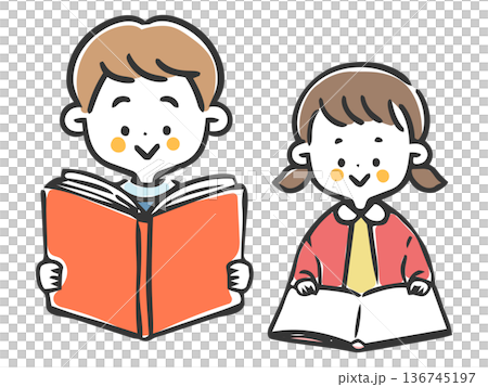 男孩和女孩讀書向量圖 136745197