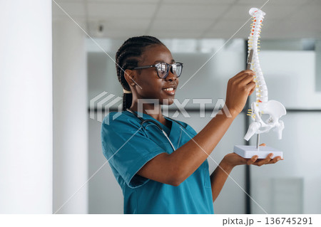Human spine model, teaching and showing. Female doctor is indoors in modern room 136745291