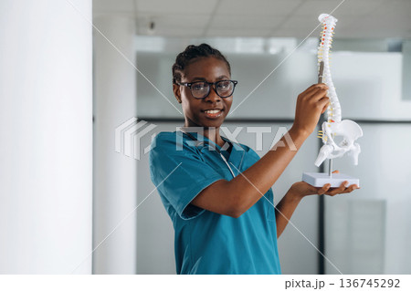 Human spine model, teaching and showing. Female doctor is indoors in modern room 136745292