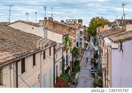 Aigues Mortes, France - Nov 05, 2025: The houses of the historic city center of Aigues-Mortes in France 136745797