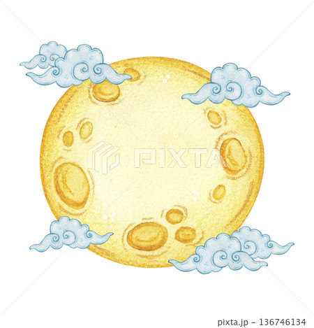 A full moon and clouds composition. Chinese Mid-Autumn Festival. Hand-drawn watercolor illustration, cartoon. Design for posters, stickers, and prints. Night, nature 136746134