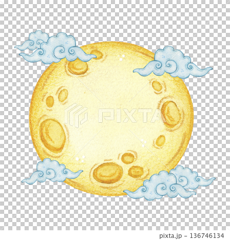 A full moon and clouds composition. Chinese Mid-Autumn Festival. Hand-drawn watercolor illustration, cartoon. Design for posters, stickers, and prints. Night, nature 136746134