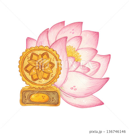 A composition of a large lotus flower and moonflowers. Hand-drawn watercolor illustration, cartoon. Design for posters, stickers, and prints. Mid-Autumn Festival, China, traditions 136746146