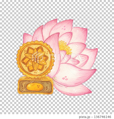 A composition of a large lotus flower and moonflowers. Hand-drawn watercolor illustration, cartoon. Design for posters, stickers, and prints. Mid-Autumn Festival, China, traditions 136746146