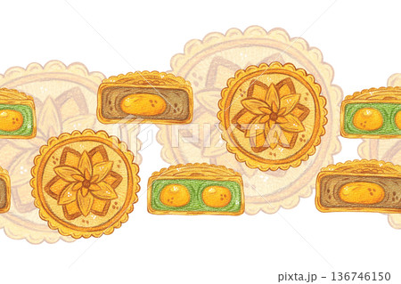 Seamless horizontal mooncake border. Chinese Mid-Autumn Festival. Hand-drawn watercolor illustration, cartoon. Design for posters, stickers, and prints. Baking, food, and treats 136746150
