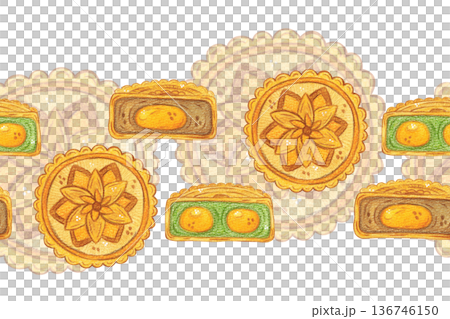 Seamless horizontal mooncake border. Chinese Mid-Autumn Festival. Hand-drawn watercolor illustration, cartoon. Design for posters, stickers, and prints. Baking, food, and treats 136746150